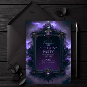 Afdrukbare paarse aanpasbare uitnodiging, verjaardagsuitnodiging, gotisch mystiek, donkere fantasie, digitale download canva, verjaardagsfeestje, humeurige tekst