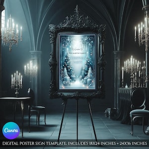 May include: A digital poster sign template for a Christmas party, displayed on a black easel in a gothic-style room. The sign features a winter scene with Christmas trees and gifts. The text reads "Welcome to The Martin Family Christmas Party".