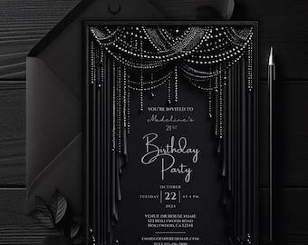Editable Luxury Dark Birthday Invitation Template, Modern Black Elegant Birthday Party, Glam Chic Black Silver, Beaded, Gothic 5x7 Invite,