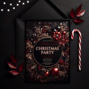 Bewerkbare elegante kerstfeestuitnodiging, afdrukbare Glam Xmas-uitnodiging, digitale canvassjabloon, vakantie-evenement Evite, rode en gouden kerst