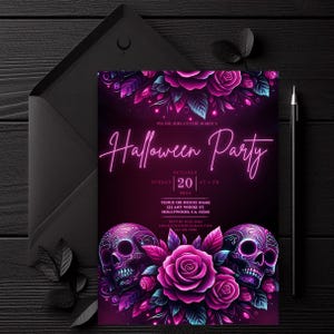 Invitación editable de calavera de neón para Halloween, Día de los Muertos, Día de los Muertos, Calavera de azúcar, Fiesta de Halloween, Fiesta de disfraces, Plantilla Canva, Gótico