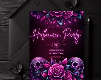 Editable Halloween Neon Skull Invite, Day of the Dead, Día de los Muertos, Sugar Skull, Halloween Party, Costume Party, Canva Template, Goth