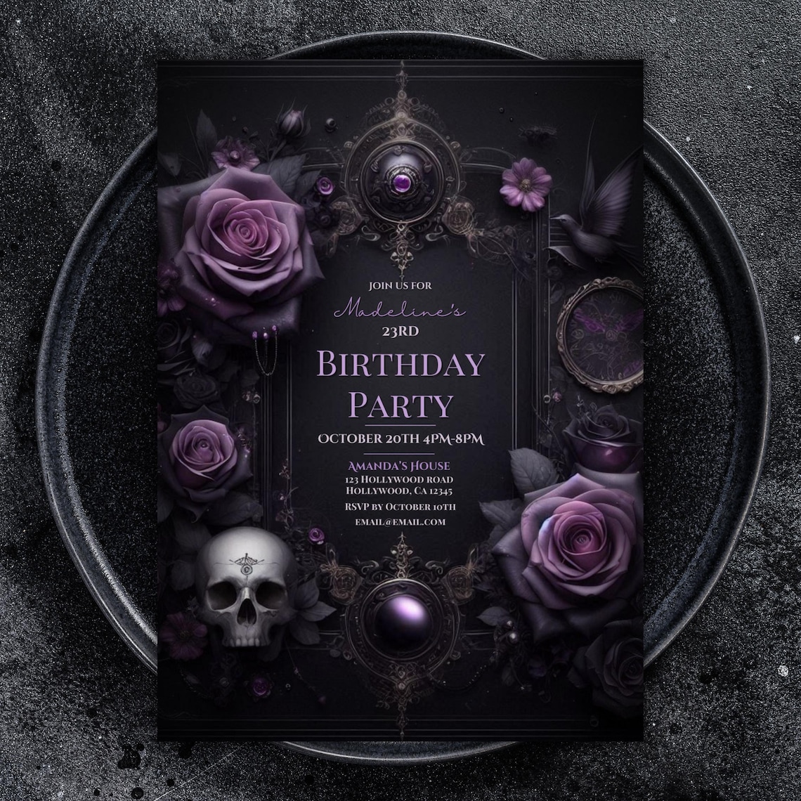 Black and Purple Gothic Floral Invitation, Gothic Birthday, Skull ...