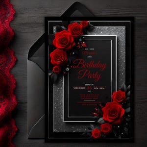 Convite editável com brilho de rosas vermelhas | Convite digital com glitter floral preto e prata | Festa de aniversário vermelha elegante e glamourosa para impressão | Canva.