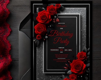 Editable Red Roses Sparkle Invitation | Digital Black and Silver Floral Glitter Invite | Printable Elegant Glam Red Birthday Party | Canva.