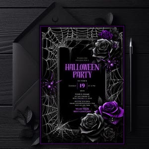 Black and Purple Halloween Party Invitation | Editable Dark Spooky Spiderwebs Roses Costume Invite | Digital 5x7 Elegant Halloween Event