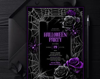 May include: Black Halloween party invitation with purple accents. Features a spiderweb design, purple roses, and the text "Halloween Party" with date and time details. Includes an envelope and pen.