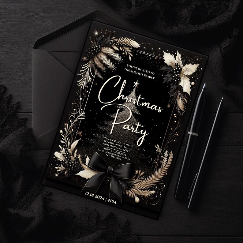 elegant Christmas invitation, black gold Christmas invite, formal holiday, digital Christmas party invite, printable Christmas, holiday party, editable Christmas, black tie Christmas, elegant holiday, chic Christmas, personalized Christmas invite,