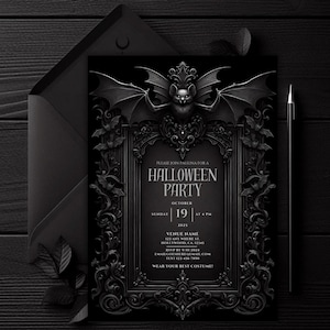 May include: Black Halloween party invitation with ornate frame, bat and bat wings. The invitation includes the text "HALLOWEEN PARTY" and event details. The invitation is accompanied by a black envelope and a pen.