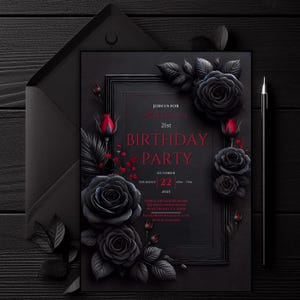 Romantic Gothic Roses Invitation | Dark Floral Birthday Invite | Customizable 5x7 Digital Download | Dark Fantasy Party Invite | Black and Red Birthday Party | Valentine's Birthday. Printable Black Red Floral Birthday Party, 5x7 Dark Moody Event.