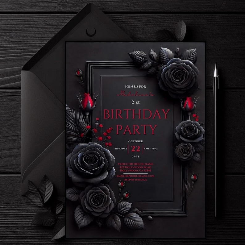 Romantic Gothic Roses Invitation | Dark Floral Birthday Invite | Customizable 5x7 Digital Download | Dark Fantasy Party Invite | Black and Red Birthday Party | Valentine's Birthday. Printable Black Red Floral Birthday Party, 5x7 Dark Moody Event.