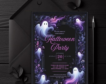Puede incluir: Una invitación a una fiesta de Halloween negra y morada con un borde floral y figuras fantasmales. El texto dice "Por favor, únase a nosotros para la fiesta de Halloween de María, domingo 20 de octubre de 2024 a las 4 PM, Lugar o nombre de la casa 123 Any Where St. Hollywood, CA. 12345, RSVP antes del 10/10/2024, EmailGoesHere@email.com, 123-456-7890."