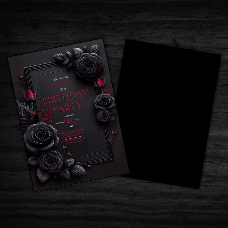 Romantic Gothic Roses Invitation | Dark Floral Birthday Invite | Customizable 5x7 Digital Download | Dark Fantasy Party Invite | Black and Red Birthday Party | Valentine's Birthday. Printable Black Red Floral Birthday Party, 5x7 Dark Moody Event.