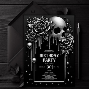 Bewerkbare druipende schedels en rozen verjaardagsuitnodiging, digitale afdrukbare gotische verjaardagsfeestje, biker horror Witchy glitter, elegant donker.