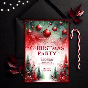 Faire-part de Noël aquarelle festive rouge et verte, 5 x 7, invitation de Noël imprimable, modèle de toile, élégant dîner de vacances, événement