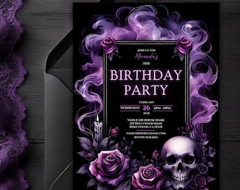 May include: Black birthday party invitation with purple roses, smoke, and a skull. The invitation reads "BIRTHDAY PARTY" with event details. The invitation is in a black envelope.