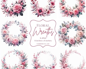 Floral Wreath JPGS, Watercolor Clipart, Botanical Wreath, Rose Wreath Clipart, Wedding Stationery Clipart, Floral Elements, Commercial Use,