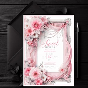 Afdrukbare Blush Floral Sweet 16 uitnodiging, bewerkbare roze witte Sweet Sixteen uitnodiging, digitale elegante glamour verjaardagsfeestje quinceañera.