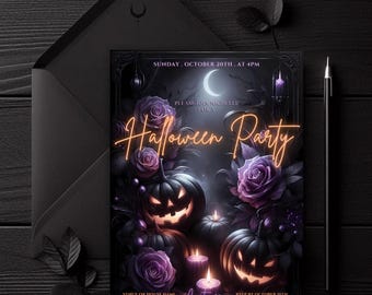 Editable Halloween Party Invitation, Halloween Event, Floral Jack O' Lantern, Purple Black 5x7 Canva Invite, Dark Moody Gothic Evite, Text,