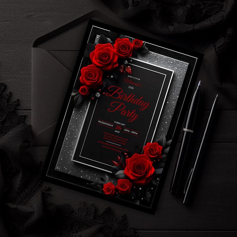 Editable Red Roses Sparkle Invitation | Digital Black and Silver Floral ...