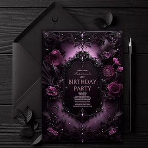 Invitación de cumpleaños editable en rosa ruborizado, invitación floral gótica, elegante fiesta de cumpleaños con rosas, plantilla digital de Canva, tema oscuro personalizable
