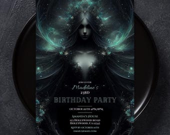 Puede incluir: Una invitación a una fiesta de cumpleaños negra y verde con una ilustración de fantasía oscura de una mujer con alas. El texto dice "Join us for Madeline's 23rd Birthday Party, October 20th 4PM-8PM, Amanda's House, 123 Hollywood Road, Hollywood, CA 12345, RSVP by October 10th, EMAIL@EMAIL.COM".