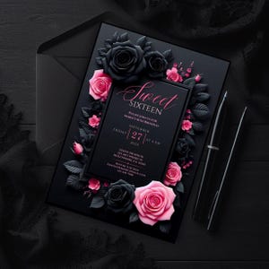 Sweet 16 invitation, Sweet sixteen party invite, Editable Sweet 16 invitation, Black pink birthday evite, Floral Sweet 16, Canva template, Digital download invitation, 16th birthday invite, Customizable birthday, quinceañera, quinceanera invite, goth