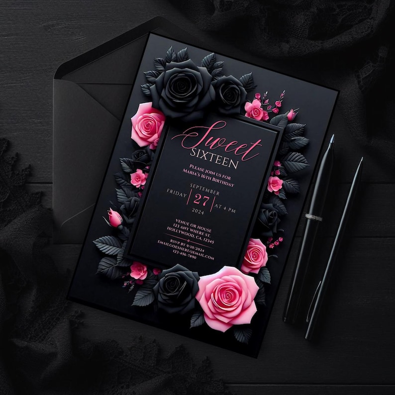 Sweet 16 invitation, Sweet sixteen party invite, Editable Sweet 16 invitation, Black pink birthday evite, Floral Sweet 16, Canva template, Digital download invitation, 16th birthday invite, Customizable birthday, quinceañera, quinceanera invite, goth