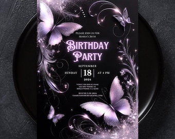 Purple and Black Floral Butterfly Birthday Party Invitation | Purple Butterfly Birthday Invite | Editable Magical Butterfly Invite | Canva