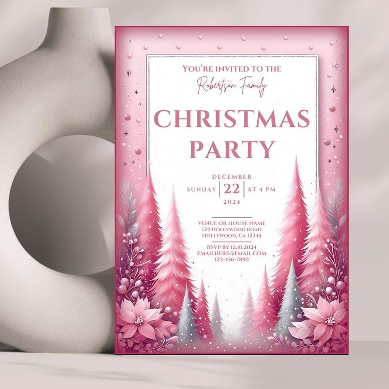 Editable Elegant Pink Christmas Party Invitation, Pink & White Xmas