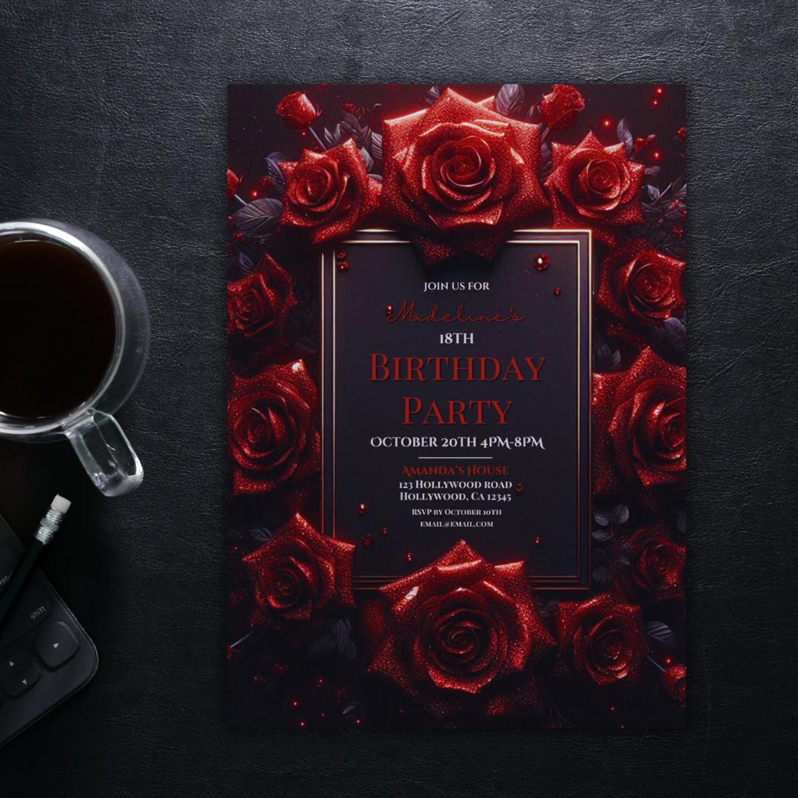 Editable Red and Black Birthday Invitation, Roses Invitation, Red Roses ...