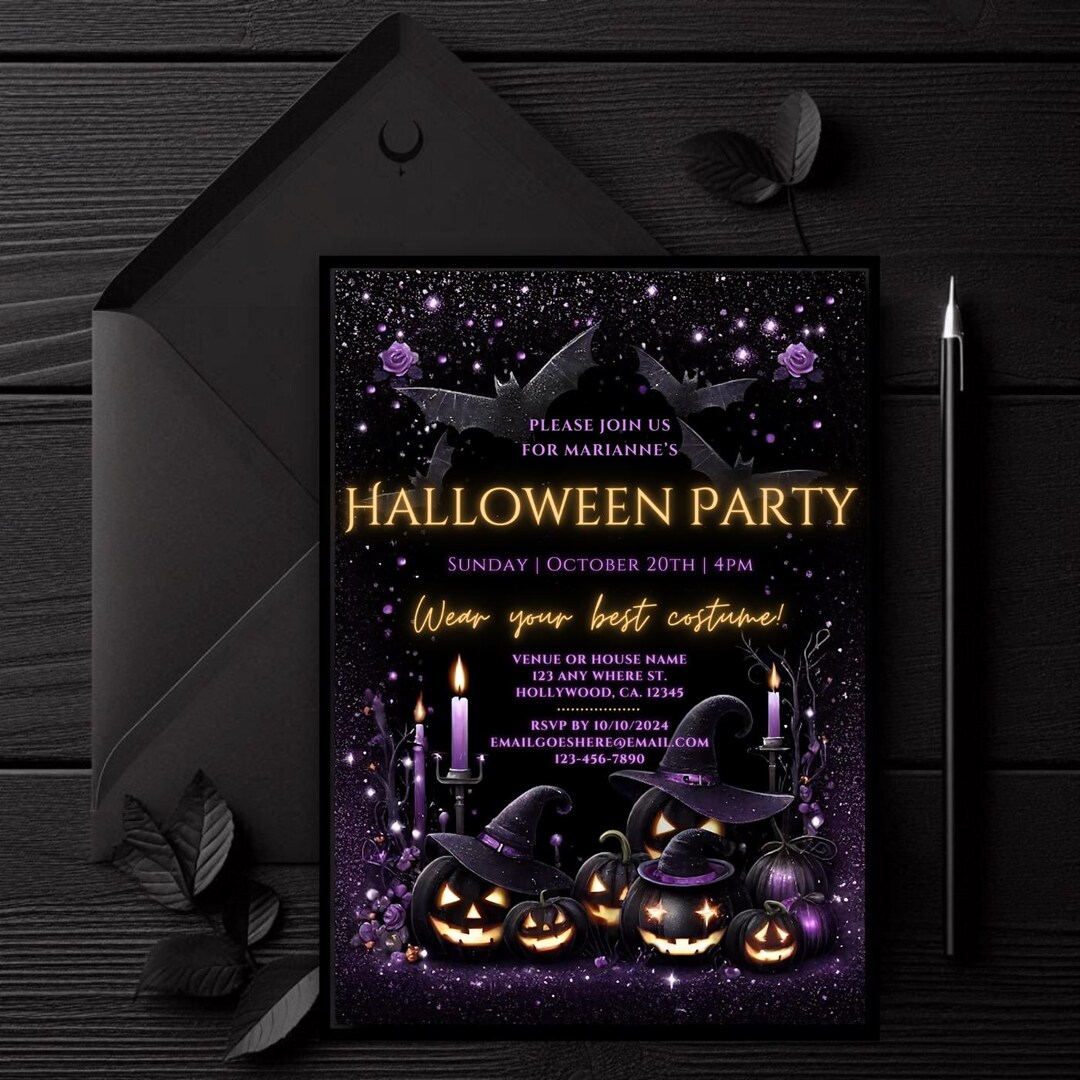Editable Halloween Party Invitation, Purple Black Neon Jack O Lanterns ...