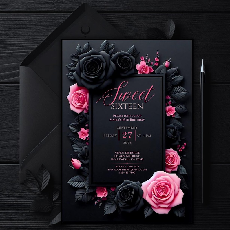 Sweet 16 invitation, Sweet sixteen party invite, Editable Sweet 16 invitation, Black pink birthday evite, Floral Sweet 16, Canva template, Digital download invitation, 16th birthday invite, Customizable birthday, quinceañera, quinceanera invite, goth