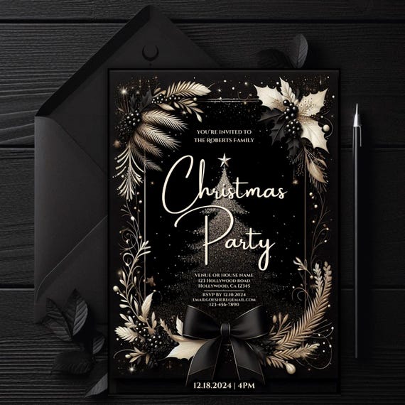 Editable Black & Gold Christmas Party Invitation Template, Digital Xmas Invite, Printable Holiday Event, Canva Template, School Office Party