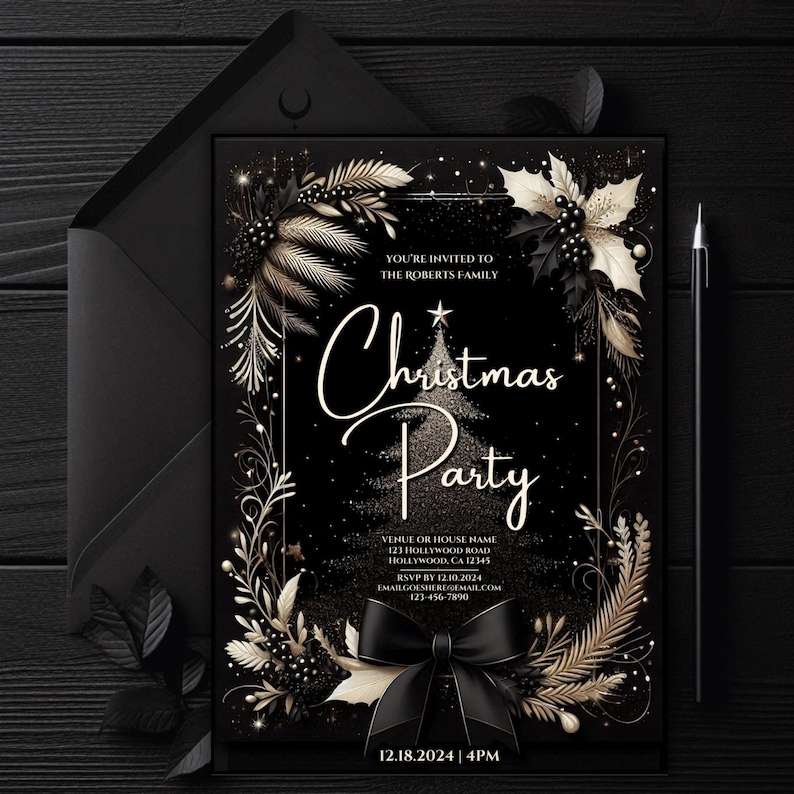 elegant Christmas invitation, black gold Christmas invite, formal holiday, digital Christmas party invite, printable Christmas, holiday party, editable Christmas, black tie Christmas, elegant holiday, chic Christmas, personalized Christmas invite,