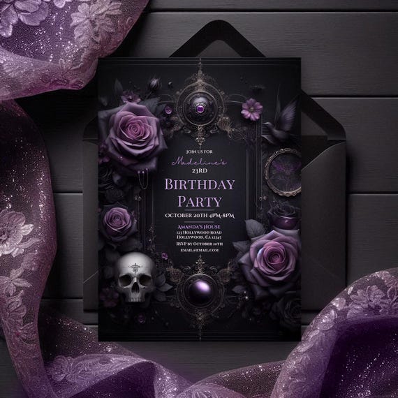 Gothic Geburtstagskarte – Lila Rose & Totenkopf Design, Für Männer, Frauen & Teenager, 145x145 Mm