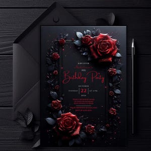 May include: Black birthday party invitation with red roses and text. The invitation reads "Join us for Madeline's 40th Birthday Party" with the date October 22, 2024. Includes an envelope and a pen.