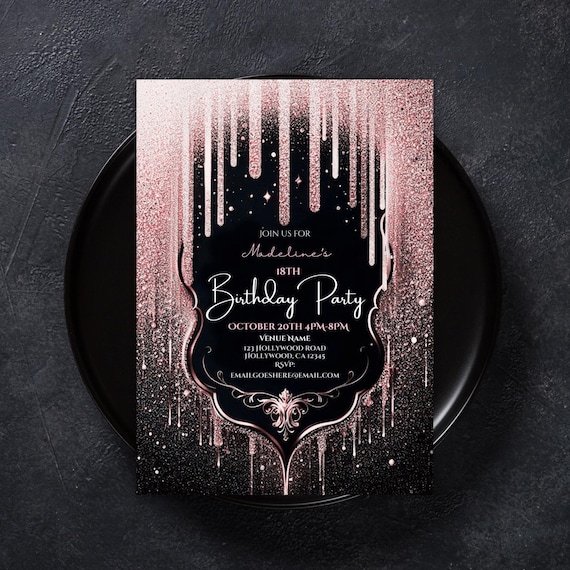 Black And Pink Birthday Invite, Printable Invite, Dripping Glitter Invitation, Pink Glitter Invitation Template, Glam Glitter