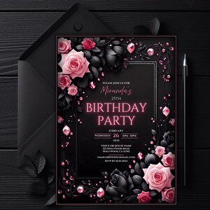 May include: Black birthday party invitation with pink roses and accents. The invitation reads "Please join us for Miranda's 25th Birthday Party" with event details. Includes a black envelope and a pen.