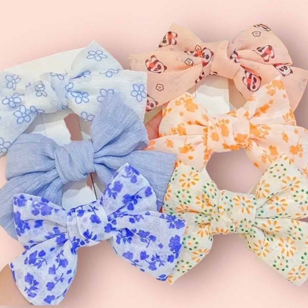 Spring breeze bow set, set of 3 bows, pastel yellow, light ivory, and flowered hand-tied bow, baby headband, girl hair bows