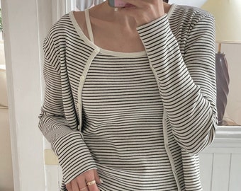 Stripe Ribbed Sleeveless Top and Cardigan Set