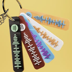 May include: A collection of colorful Spotify code keychains on a gold keyring. The keychains are in various colors, including black, brown, blue, white, and orange, each with a unique audio waveform design. The background is a solid yellow.