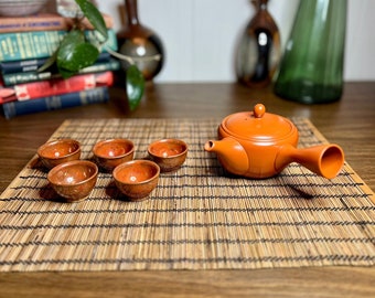 Vintage Ceramic Traditional Tea Set — Traditional Handmade artist stamped looseleaf tea ceremony teapot w/ bamboo motif and set of teacups