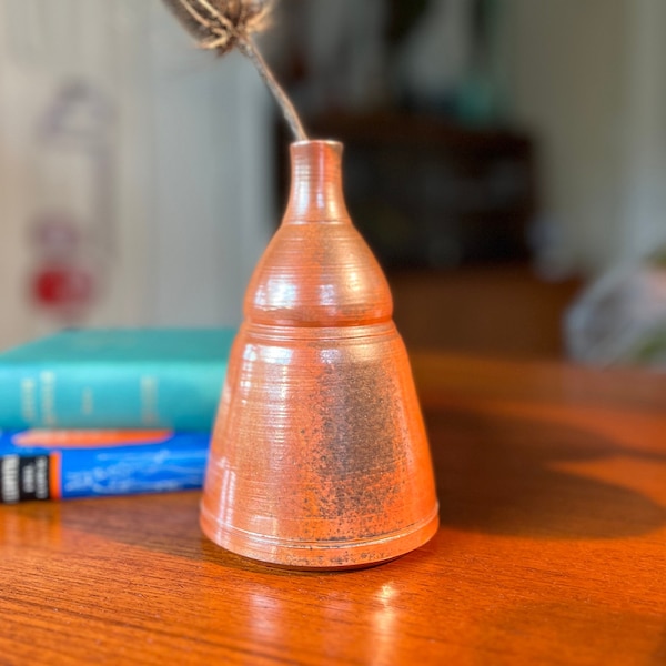 Signed Kitzman Bud Vase in Metallic Burnt Orange Glaze, perfect for eclectic, bohemian, MCM, minimalist, maximalist, etc. design styles