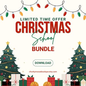 Op de afbeelding: Een feestelijke afbeelding met de tekst "LIMITED TIME OFFER CHRISTMAS School BUNDLE" in rood en groen. De afbeelding bevat kerstbomen, cadeauverpakkingen en lichtslingers. Er is een "DOWNLOAD"-knop aanwezig.