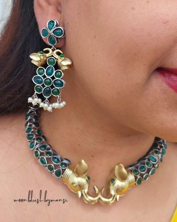 Rajasthani Statement Neckpiece in Elephant Design Dual Tone Silver Replica/ German Silver Choker Hasli Set handmade in brass with beads