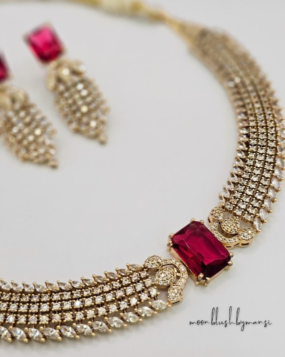 Gorgeous Statement Choker Neckpiece in American Diamond/Cubic Zirconia Crystals. It just look like a real diamond. Elegant Diamond Set.