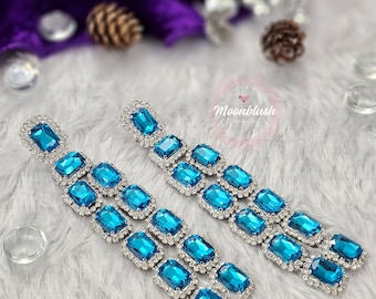 Pendientes coreanos con borlas de hombro: pendientes colgantes con diamantes de imitación turquesa