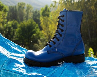 Handmade Blue Ankle Boots, Genuine Leather Fashionable Winter Boots, Unisex Military Boots, Combat Boots, Motorcycle Boots, Unique Gift