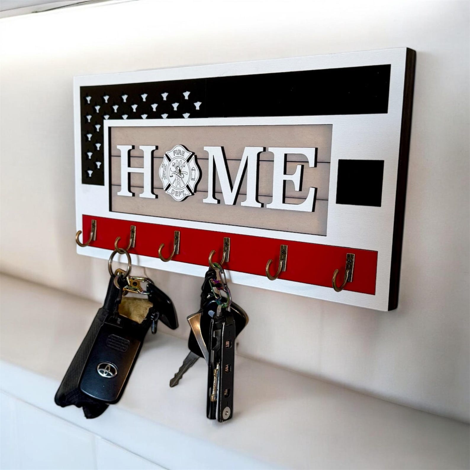 Firefighter Key Holder, USA Flag, Thin Red Line, Maple Plywood - Etsy